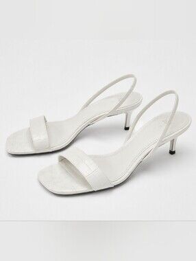 Zara White Croc-Embossed Strap Kitten Heels